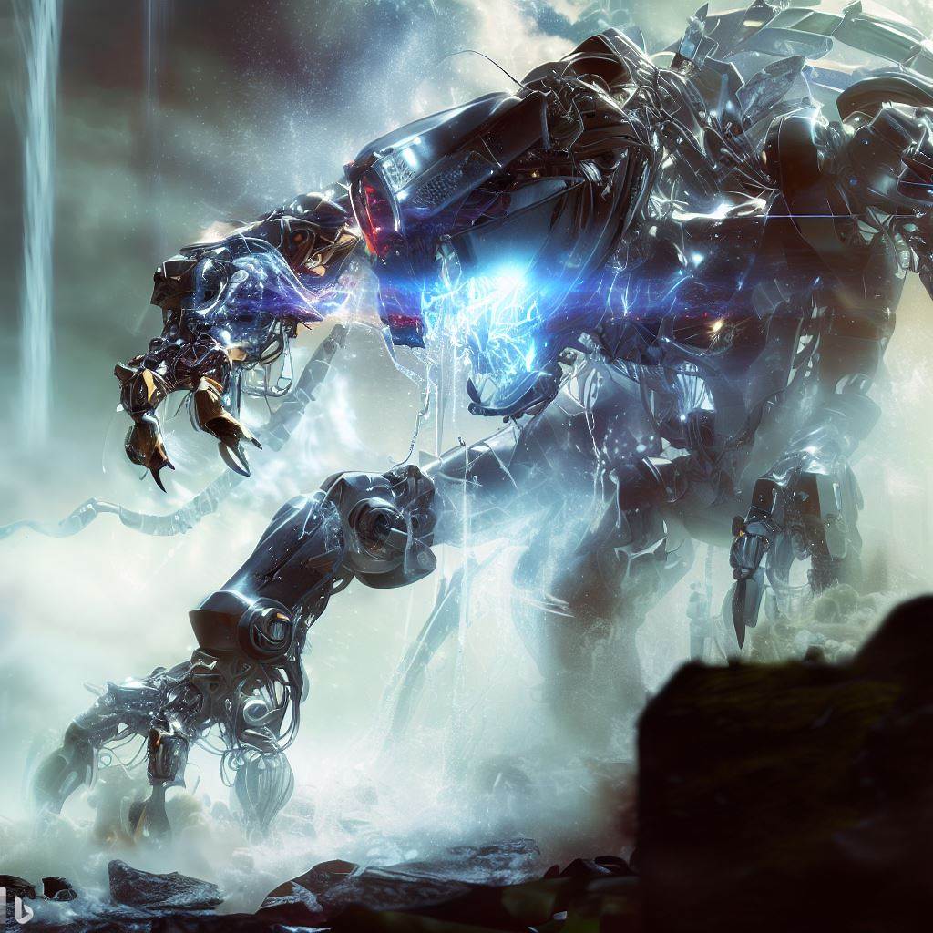 futuristic dinosaur mech with shattered glass body and glowing eyes being hunted while fighting, waterfall in background, detailed smoke and clouds, lens flare, realistic, h.r. giger style 3.jpg